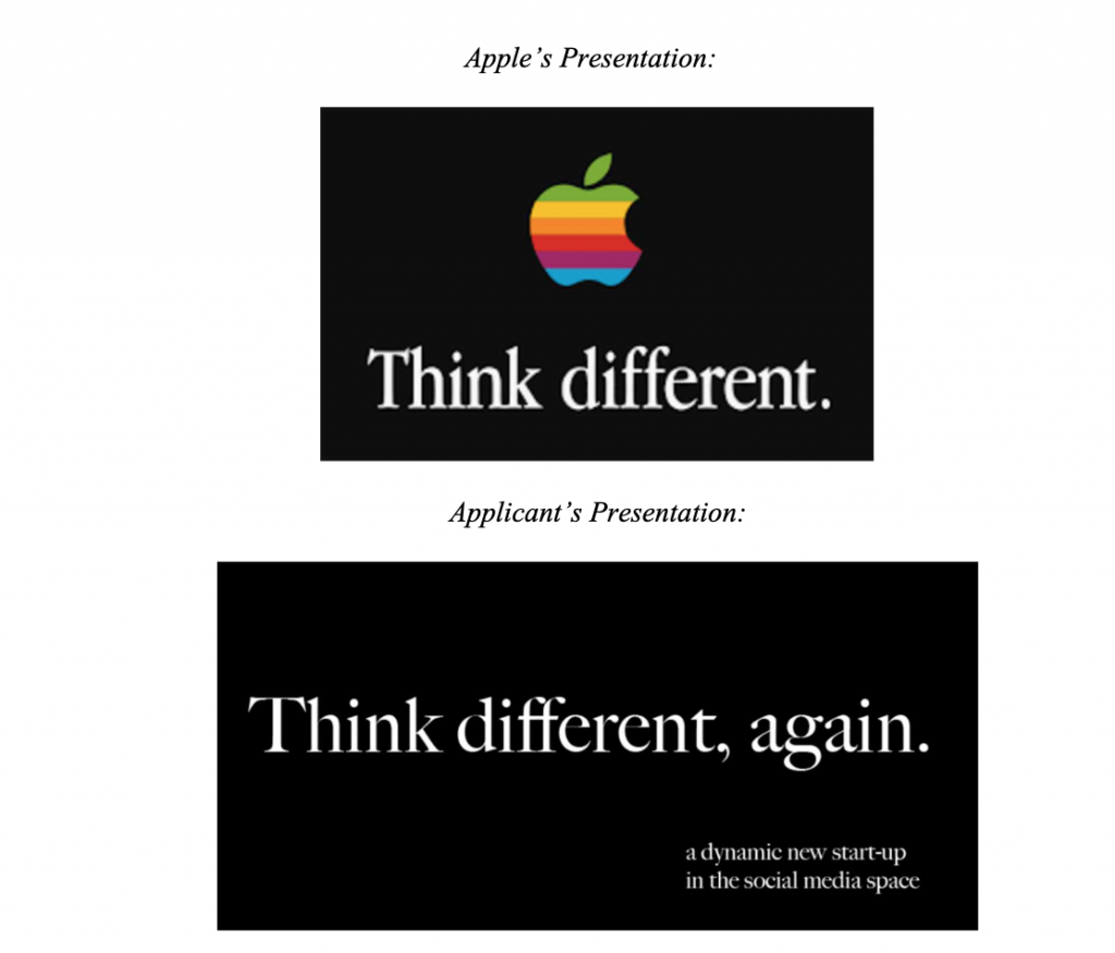 A comparison of the two trademarks at issue.  The applicant's mark is on the bottom, and reads "Think different, again."  Apple's logo on the top says "Think Different" accompanied by a rainbow apple.  