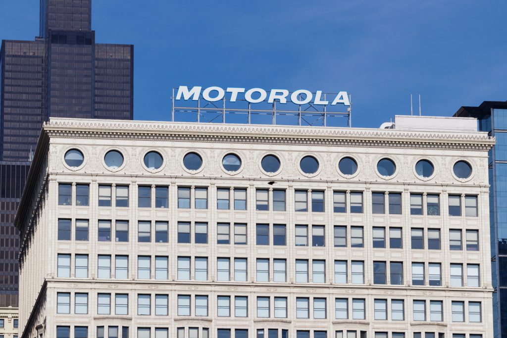 Motorola's name on top of a building in Chicago.
