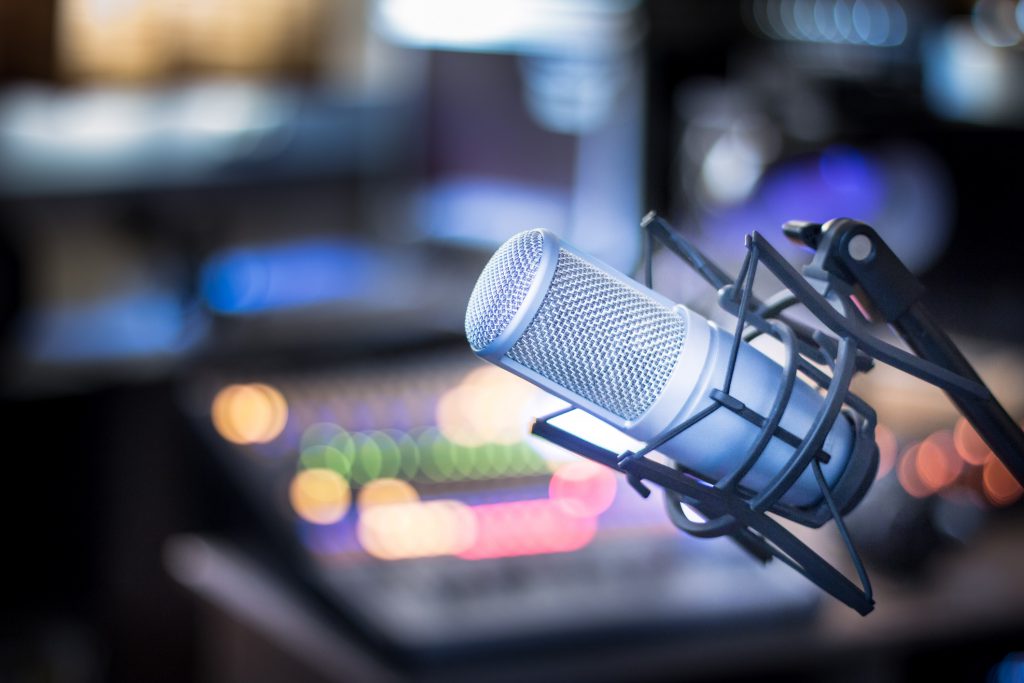 A microphone in a broadcast studio.