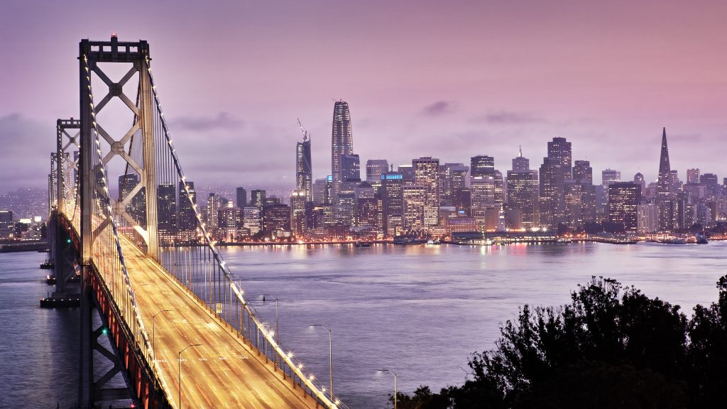 The San Francisco skyline and the Golden Gate Bridge.