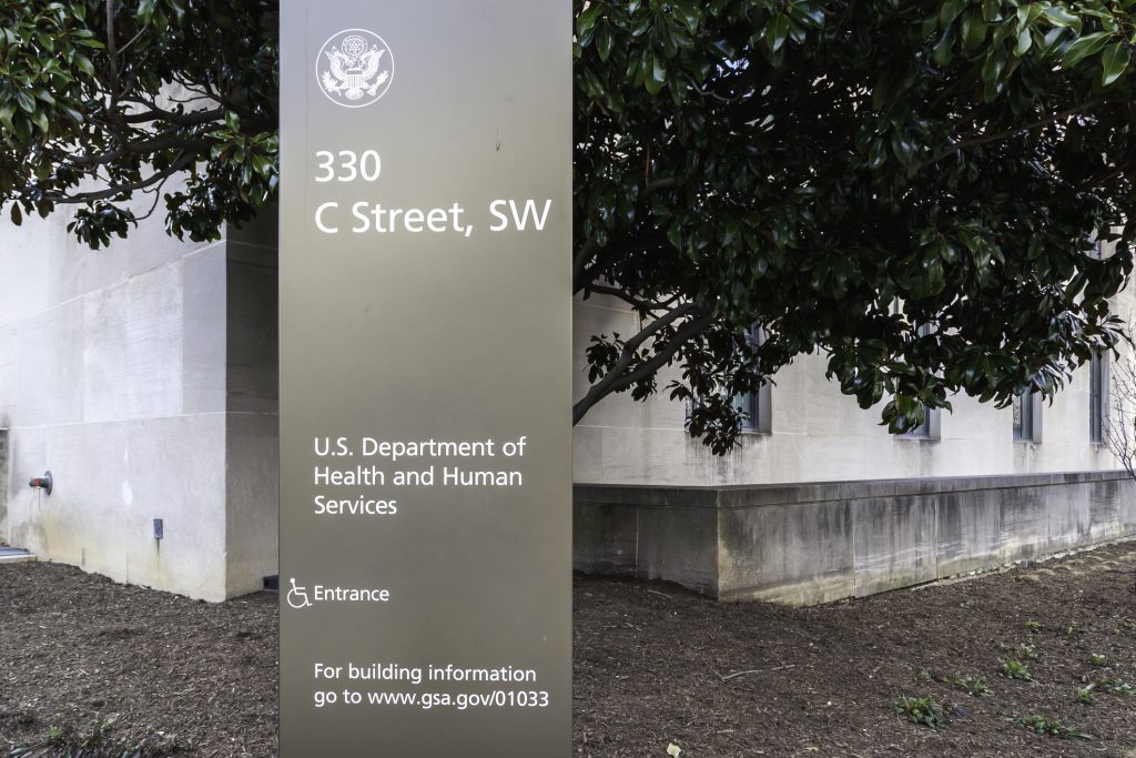 The sign outside the Washington, D.C. building of the Department of Health and Human Services.